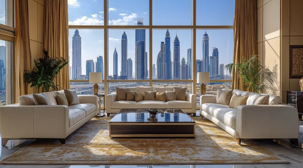 Luxurious living room with white sofas, plush carpet, and large windows showcasing a city skyline of tall buildings.