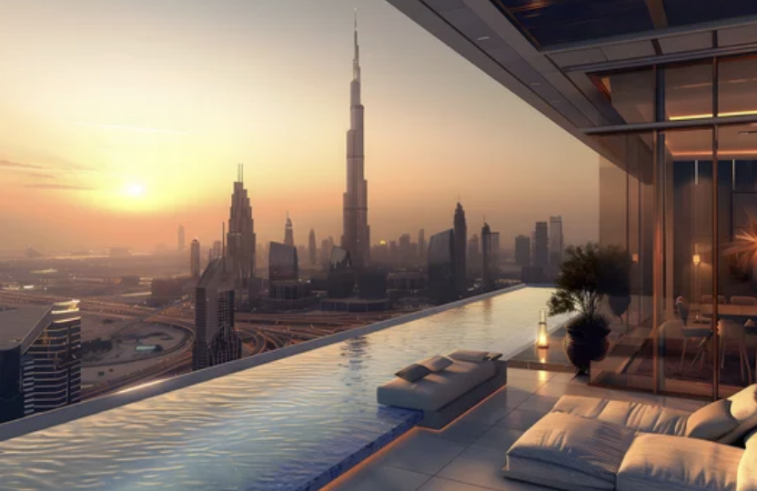 Luxury rooftop with infinity pool overlooking a city skyline at sunset, featuring a tall skyscraper.