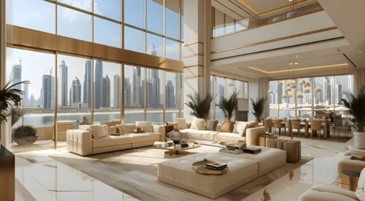 Luxurious living room with large windows, city skyline view, modern beige furniture, and elegant decor.