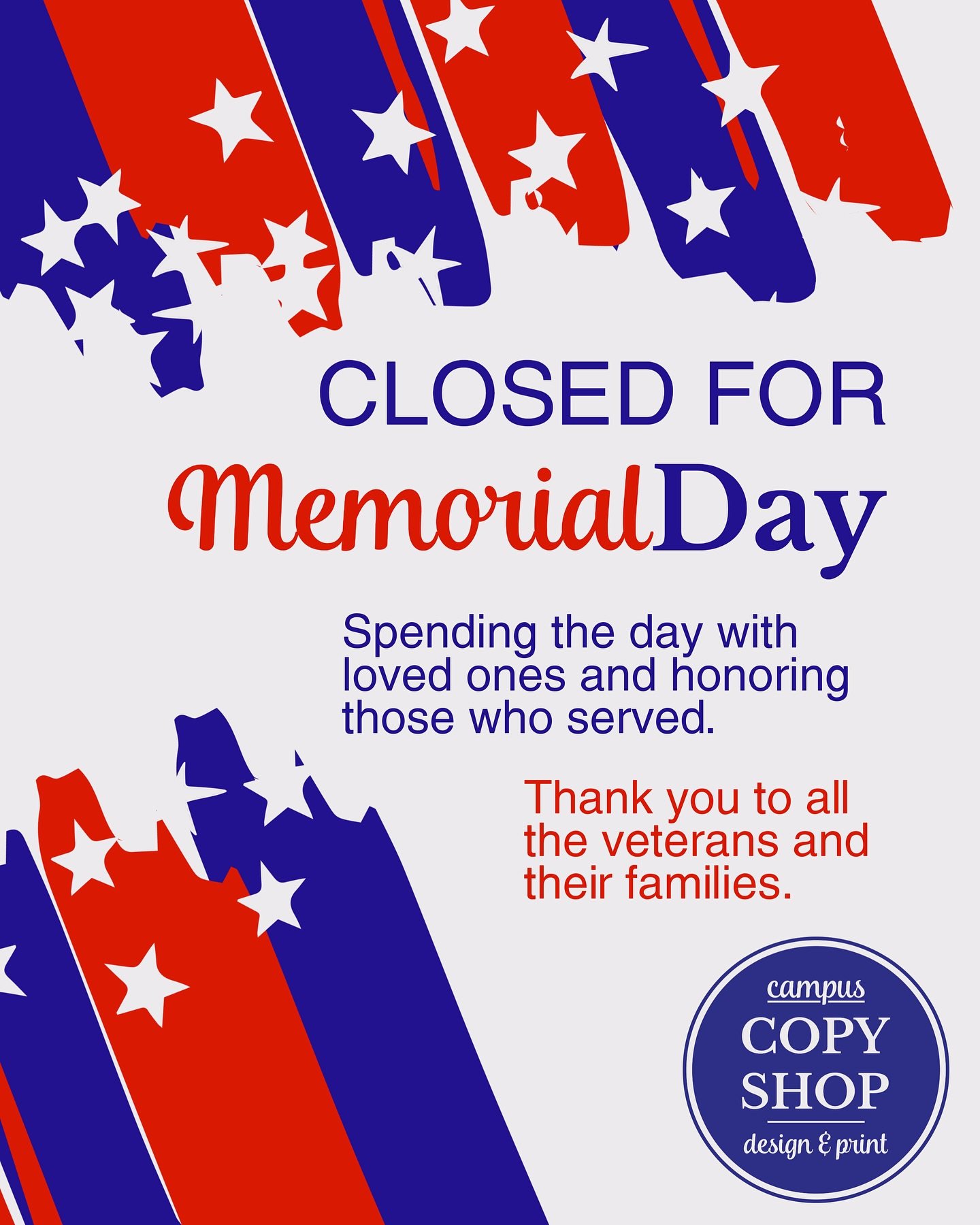 We&rsquo;re closed for Memorial Day to spend time with our loved ones and reflect on the sacrifices made by those who served.

Thank you to all the veterans and their families&mdash;we&rsquo;re so grateful. We&rsquo;ll be back and ready to help with 