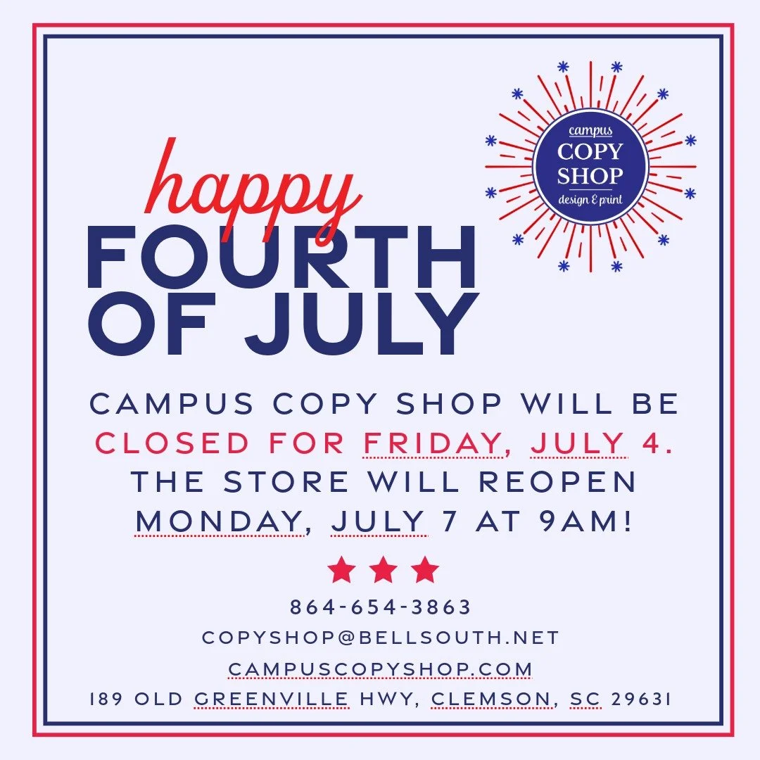 ✨Stars, stripes, and a quick break!✨ We’ll be closed Friday, July 4 to celebrate Independence Day — but we’ll be back in action Monday, July 7 at 9AM. Have a blast this Fourth of July! Your Friends at Campus Copy Shop!