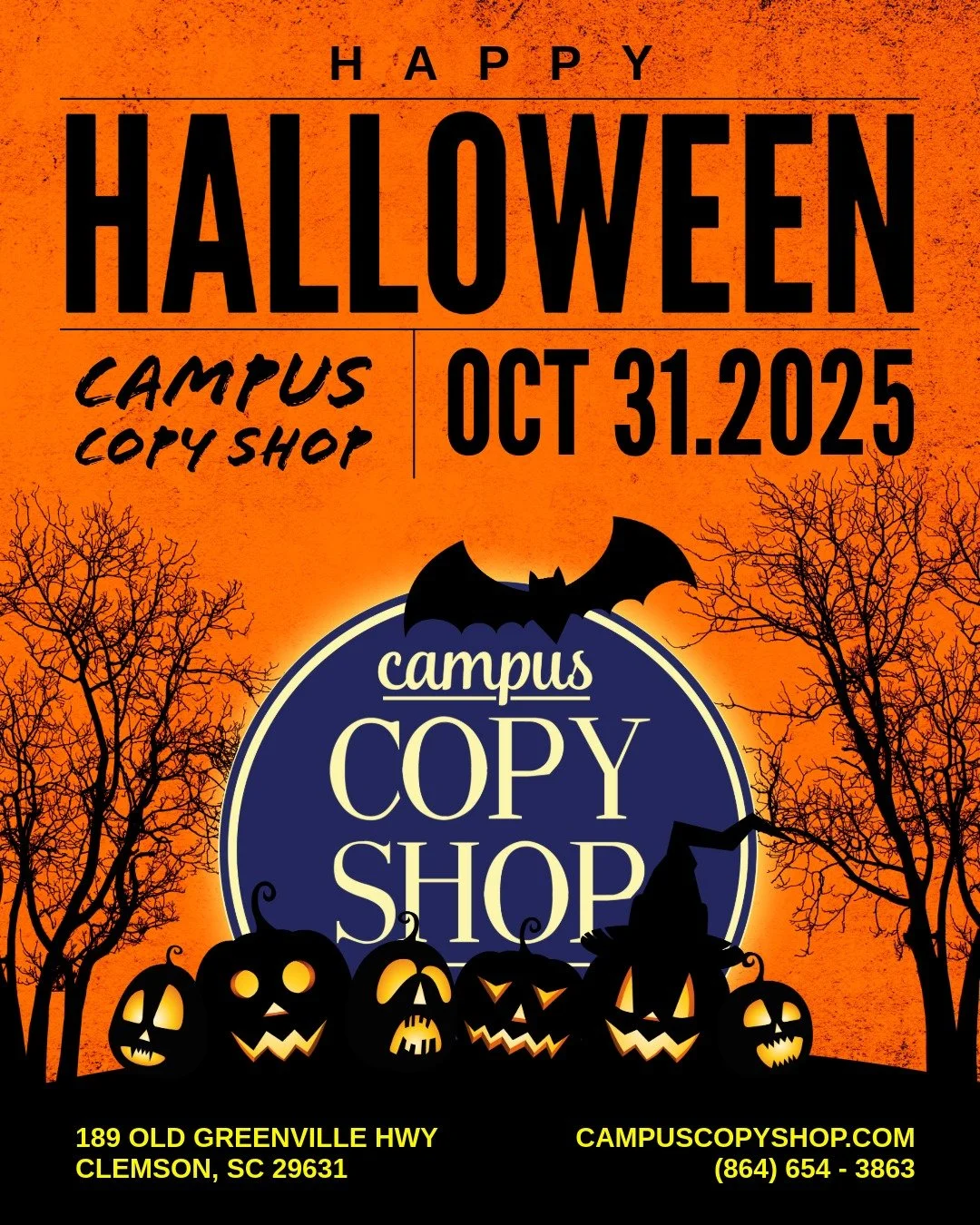 Halloween is almost here!
Let us handle the printing. From party decor to special menus, we’ll make sure your prints look sharp. Email us today!
📩 ClemsonCopyShop@gmail.com
☎ (864) 654-3863
📍189 Old Greenville Hwy