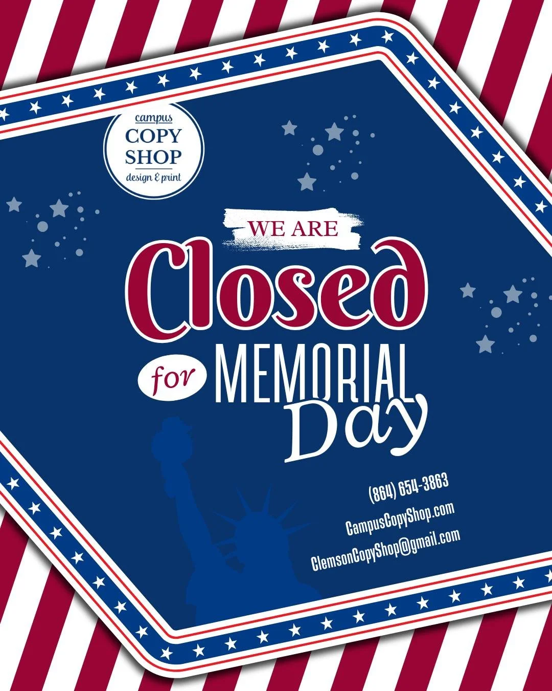 We&rsquo;ll be closed Monday for Memorial Day so our team can spend time with family. We hope everyone has a safe and relaxing holiday weekend, and we&rsquo;ll see you back in the shop Tuesday 🤍

📩 ClemsonCopyShop@gmail.com
☎ (864) 654-3863
📍189 O