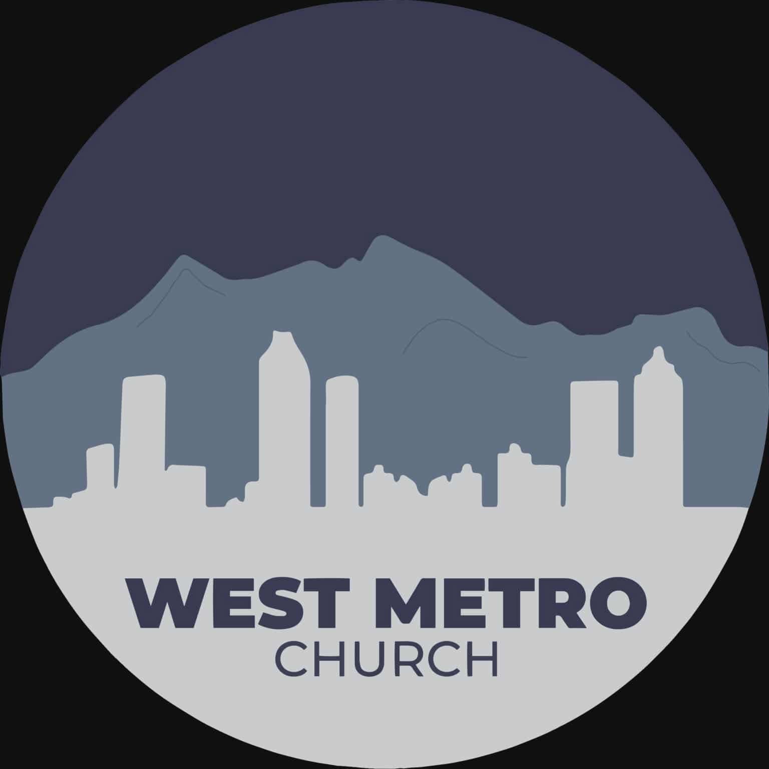 Logo of West Metro Church with a city skyline and mountains in the background.