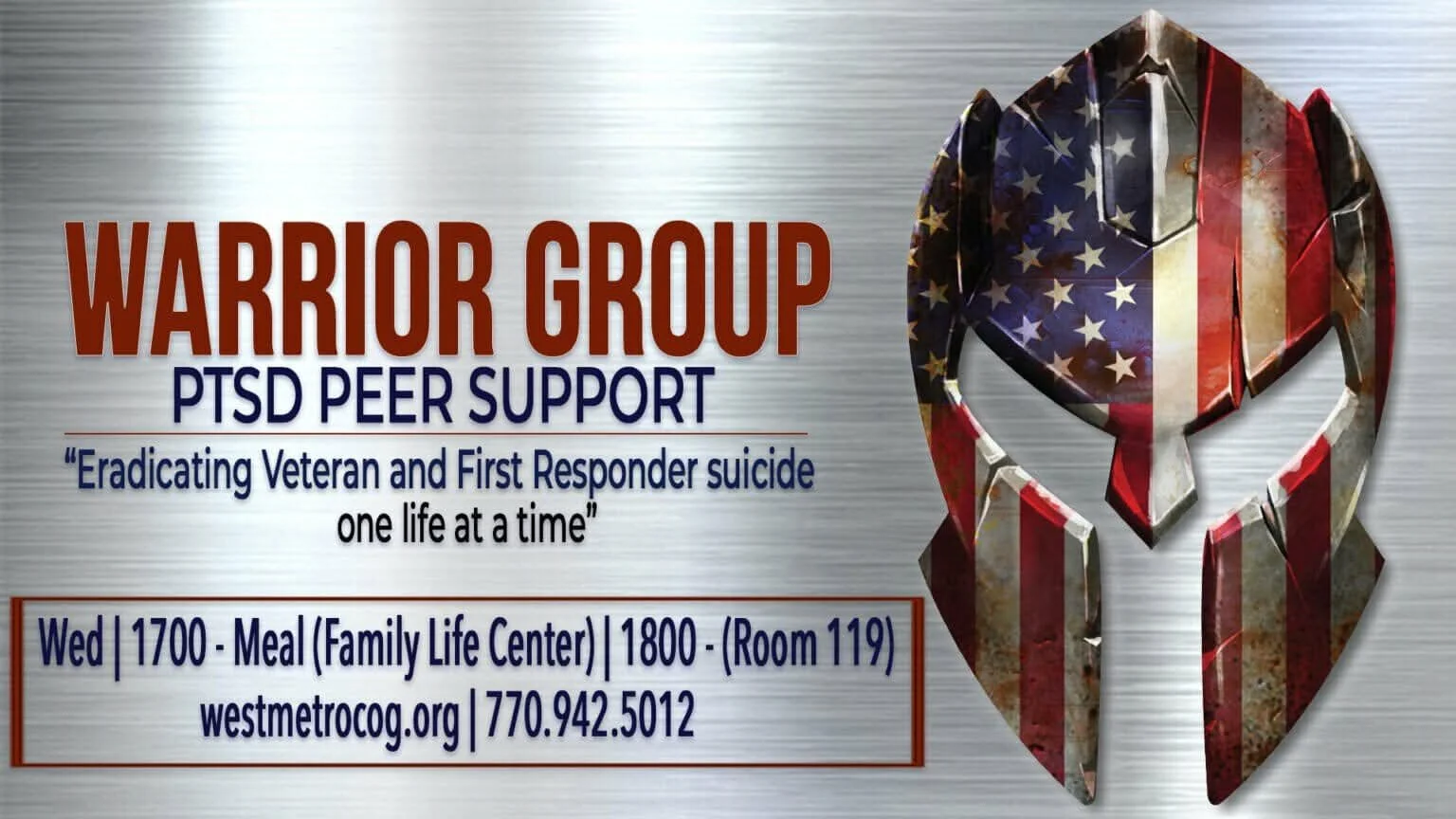 Flyer for Warrior Group PTSD peer support with a graffiti-style eagle logo incorporating an American flag. Contains details about a support meeting on Wednesday at 5 PM with dinner at 6 PM at the Family Life Center, Room 119, and provides website and phone contact.