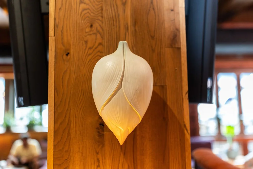 Wall-mounted lamp shaped like a seashell with warm lighting, on a wooden-walled background.