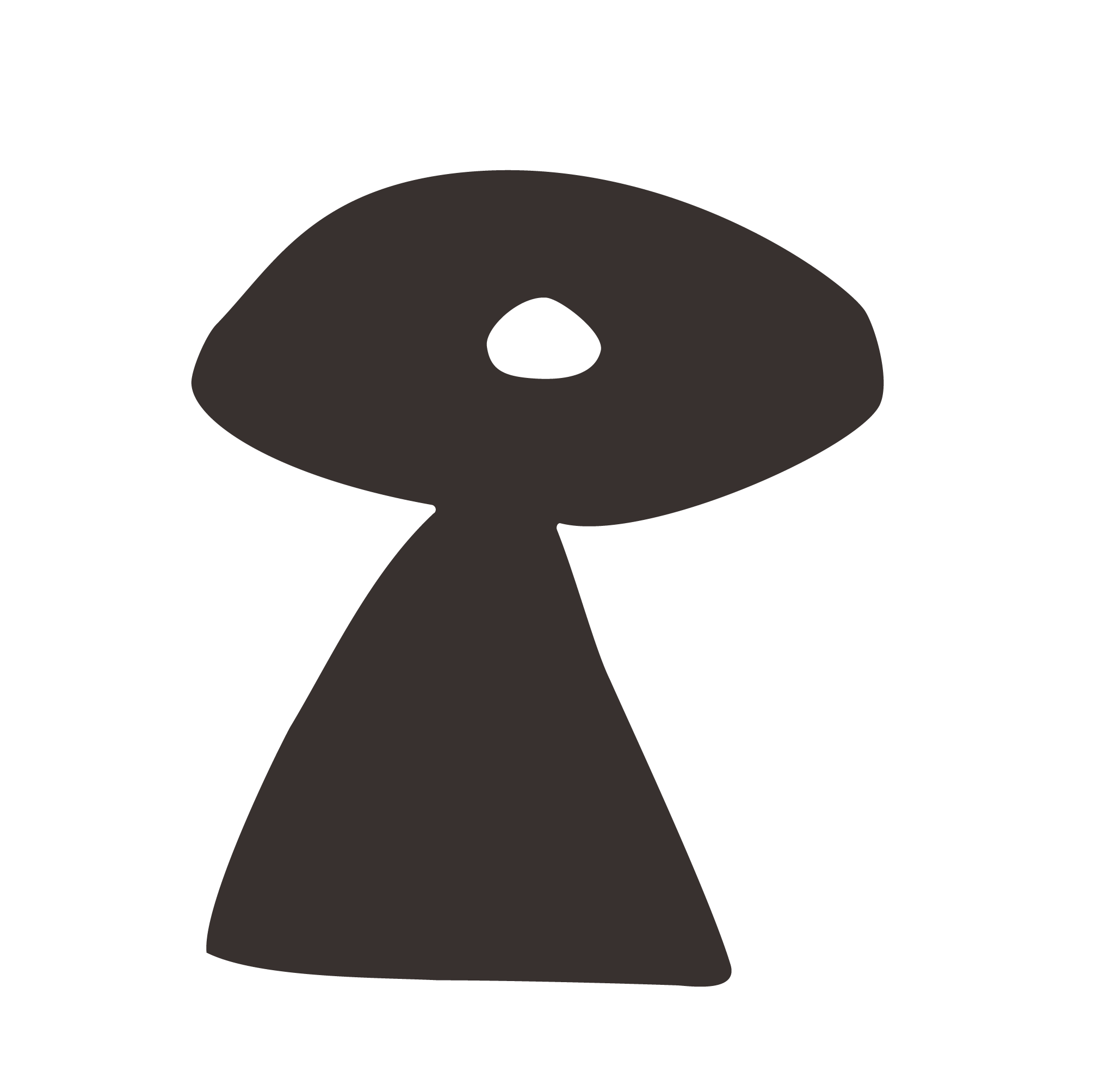 Simplified black and gray abstract figure resembling a person with a large round head and a triangular body.