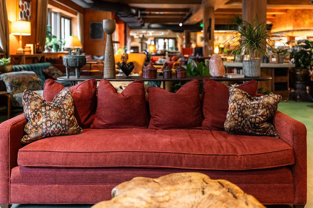 An orange sofa with five decorative pillows, two with intricate patterns, in a cozy, well-lit indoor space with plants and lamps.