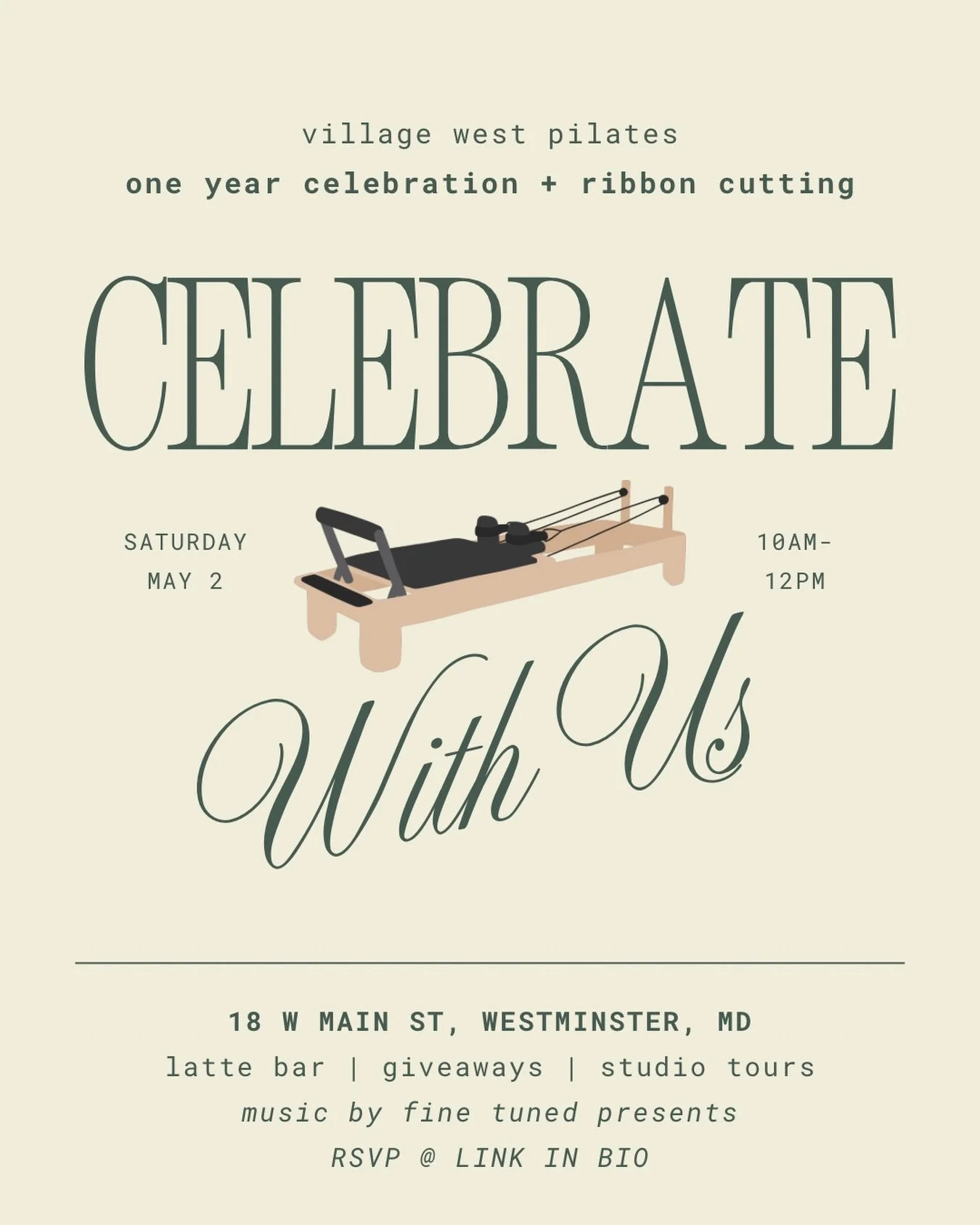 One year of Village West Pilates. 🥹

We&rsquo;re throwing open the doors next Saturday, May 2 to celebrate, and it just so happens to be National Pilates Day. Come hang with us from 10AM-12PM for our official ribbon cutting with @carrollcochamber_md