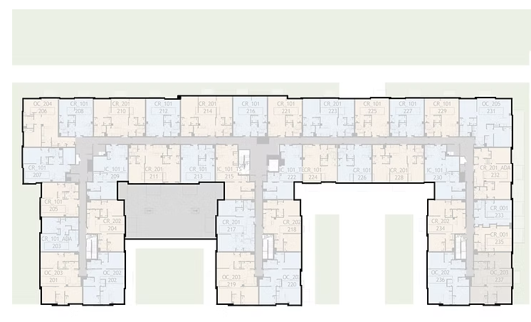 A detailed floor plan of a multi-room building with labeled sections and room numbers.