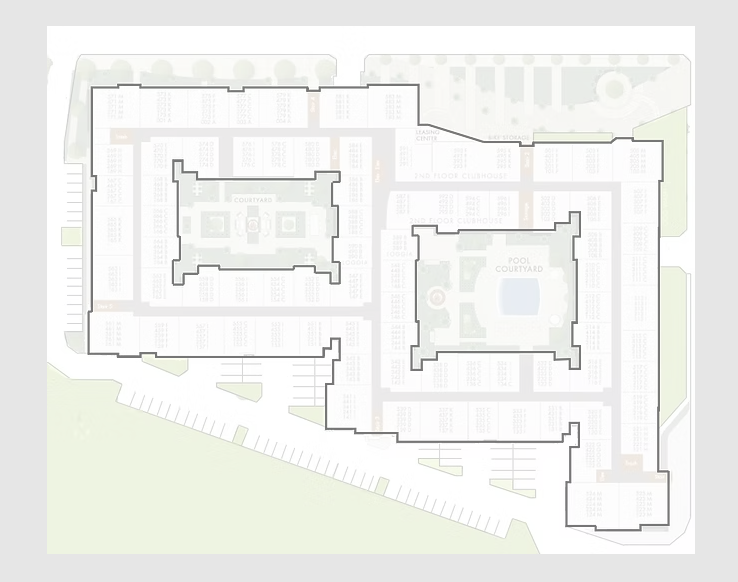 A building floor plan with two main courtyards, a pool courtyard, and multiple rooms, hallways, and entrances.