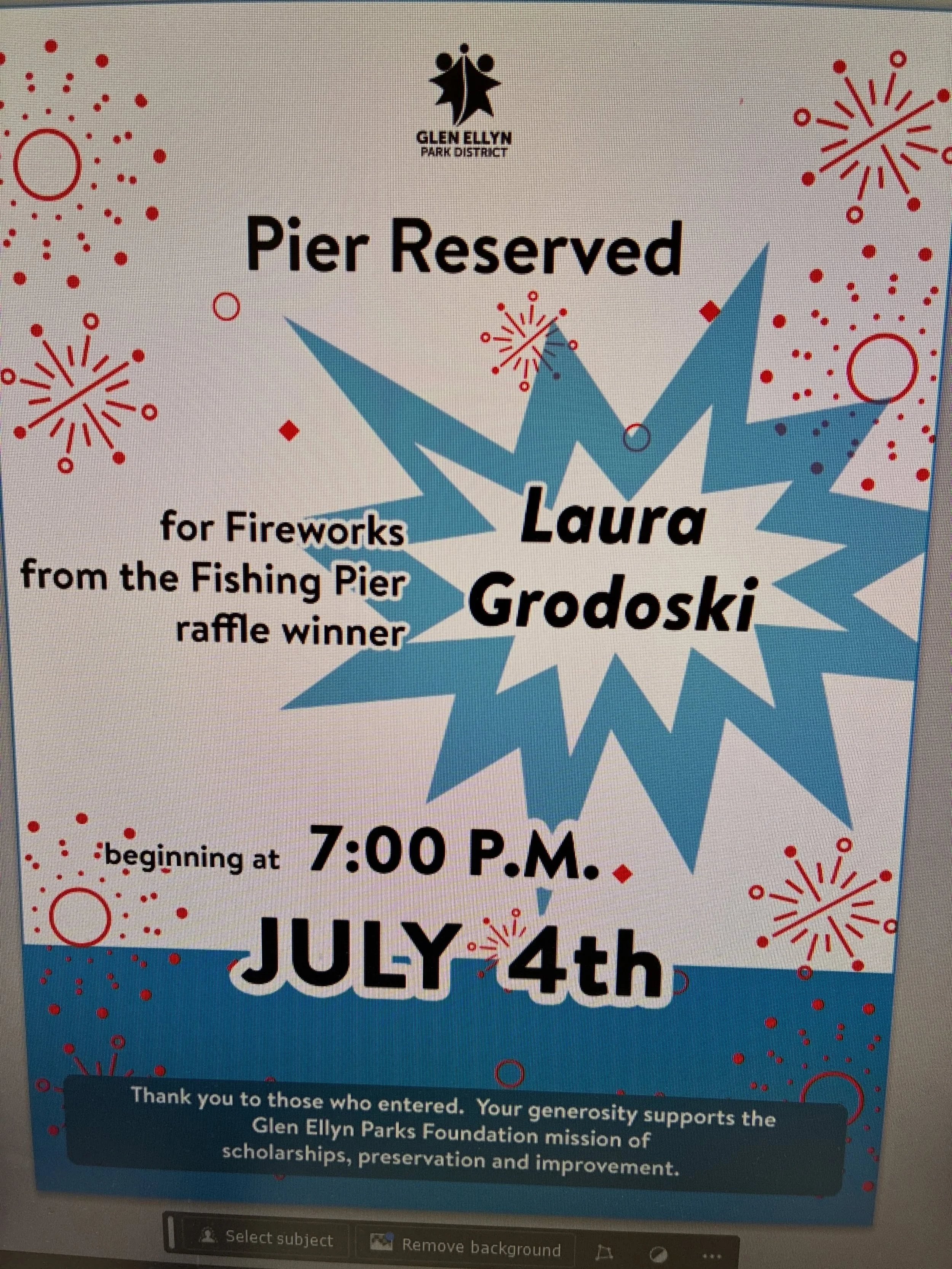 Congratulations to the winner of our Fireworks from the Fishing Pier Raffle. Thanks to all who participated. Together, we raised $3,400 to support our mission of scholarships, preservation, and improvements. 🎆#glenellynparkdistrict