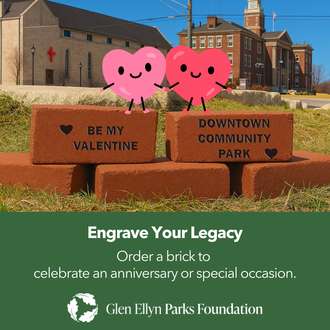Two bricks engraved with hearts and Be My Valentine Downtown Community Park