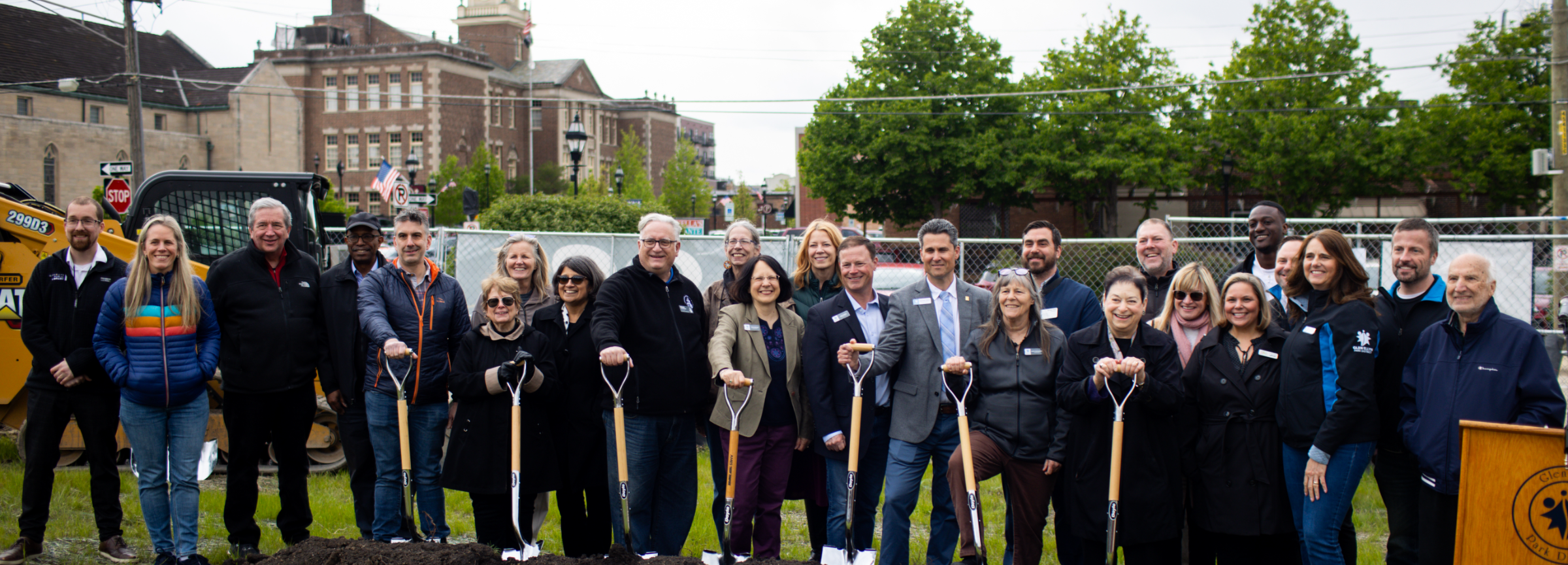 Glen Ellyn Park Staff, Foundation Trustees and Community Leaders with shovels at the groundbreaking event