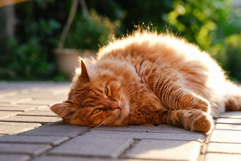 Katze liegt am Boden
