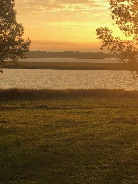 Sunset over a serene lake with trees in the foreground.