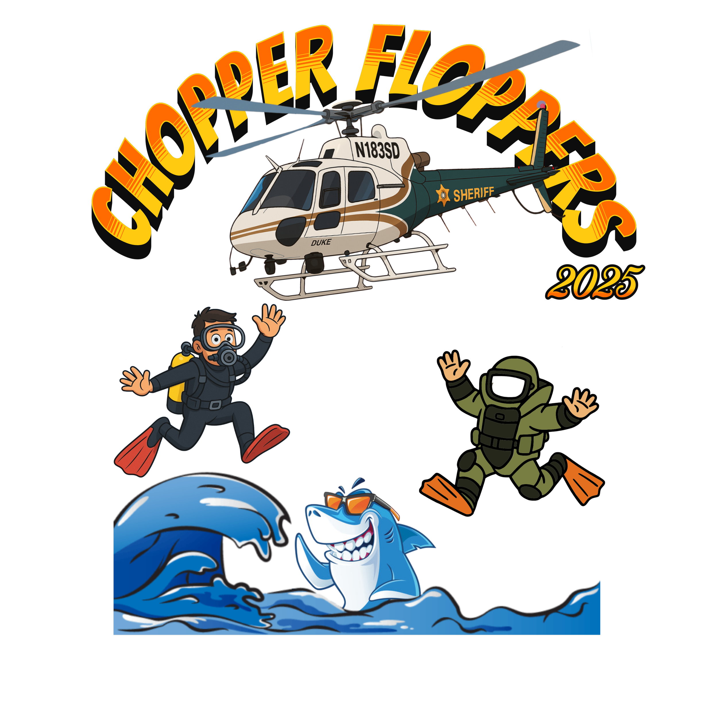 A cartoon illustration of a logo for the 2025 Cherry Performer Awards featuring a helicopter, a diver, and a whale, with bright colors and bold text.