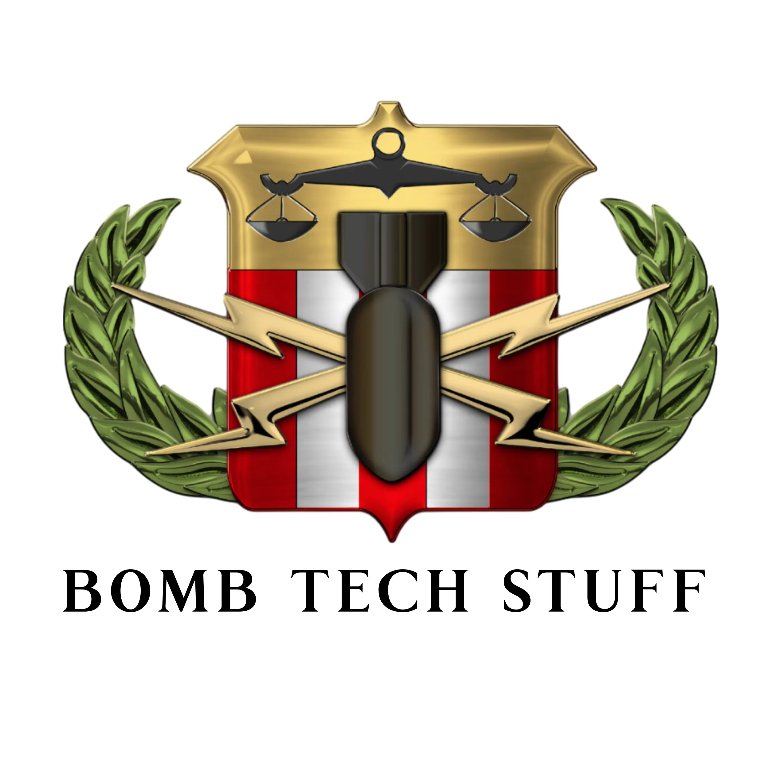 A graphic emblem featuring a golden shield with a black scale of justice at the top, surrounded by green laurel wreaths, and the text 'BOMB TECH STUFF' underneath.