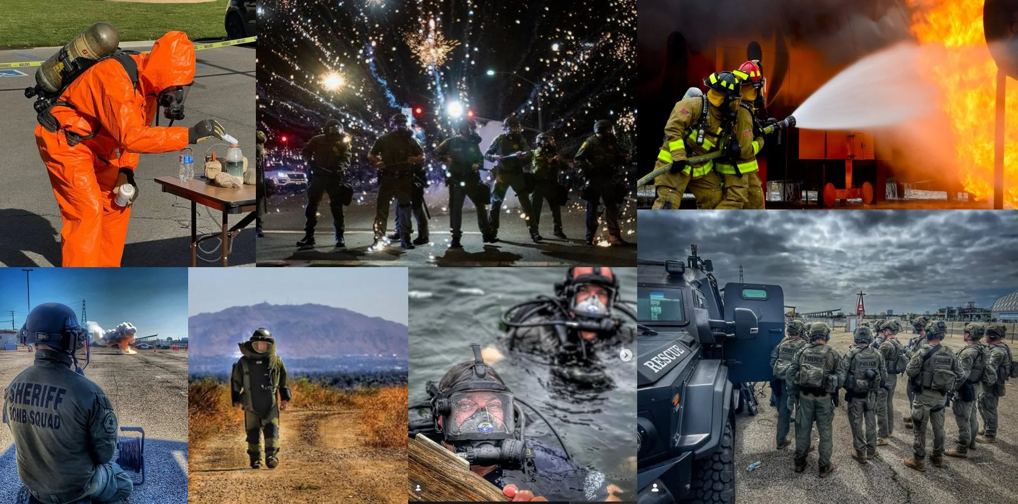 Collage of various emergency response scenes, including firefighters combating a fire, police officers managing a riot, military personnel on duty, and hazardous materials handling.
