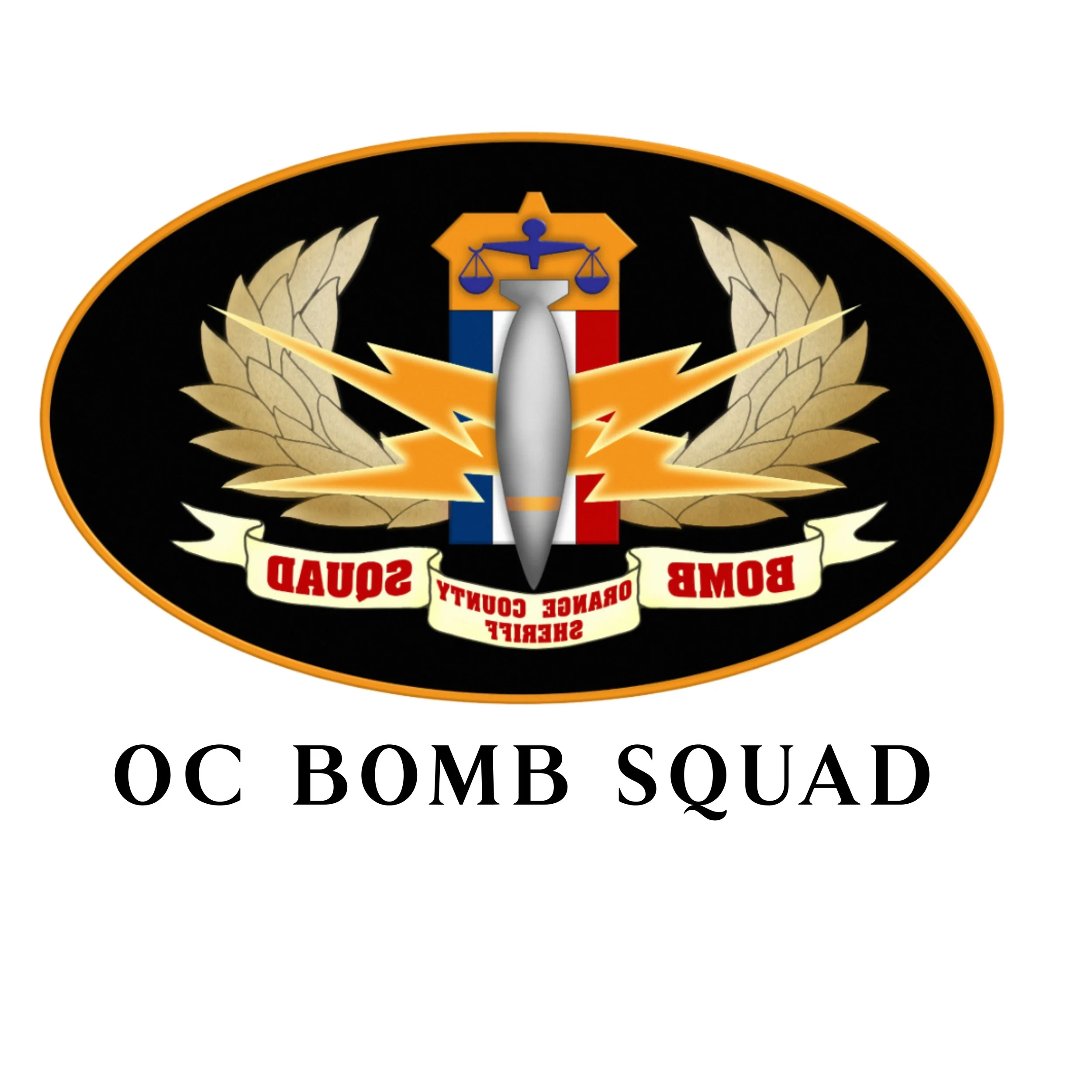 Emblem featuring a central sword with a shield at the top, surrounded by olive branches, and a banner with the words 'OC Bomb Squad' and additional text.