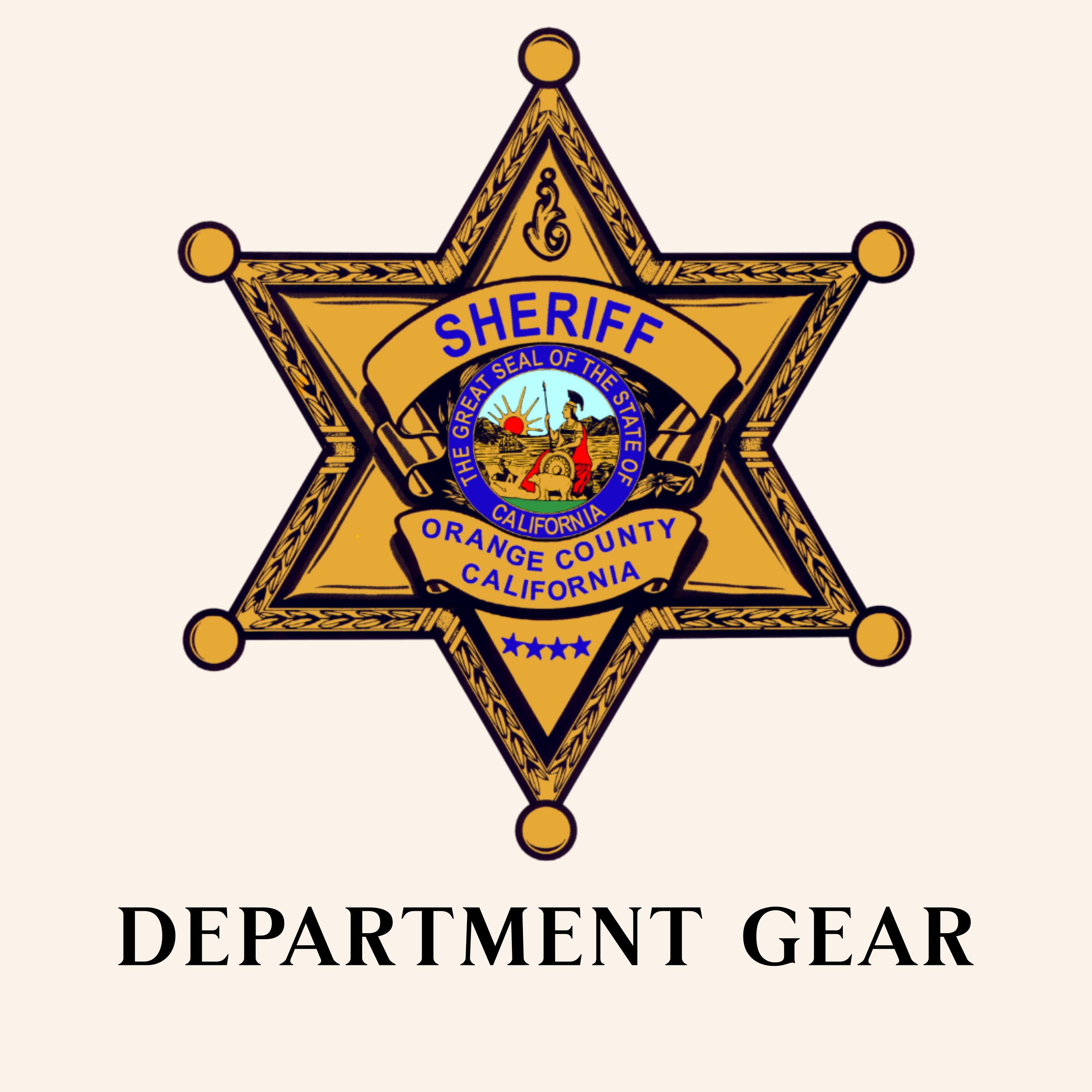 A sheriff's badge with the seal of the Department of California, Orange County, featuring a scenic illustration of mountains, a body of water, and the sun.