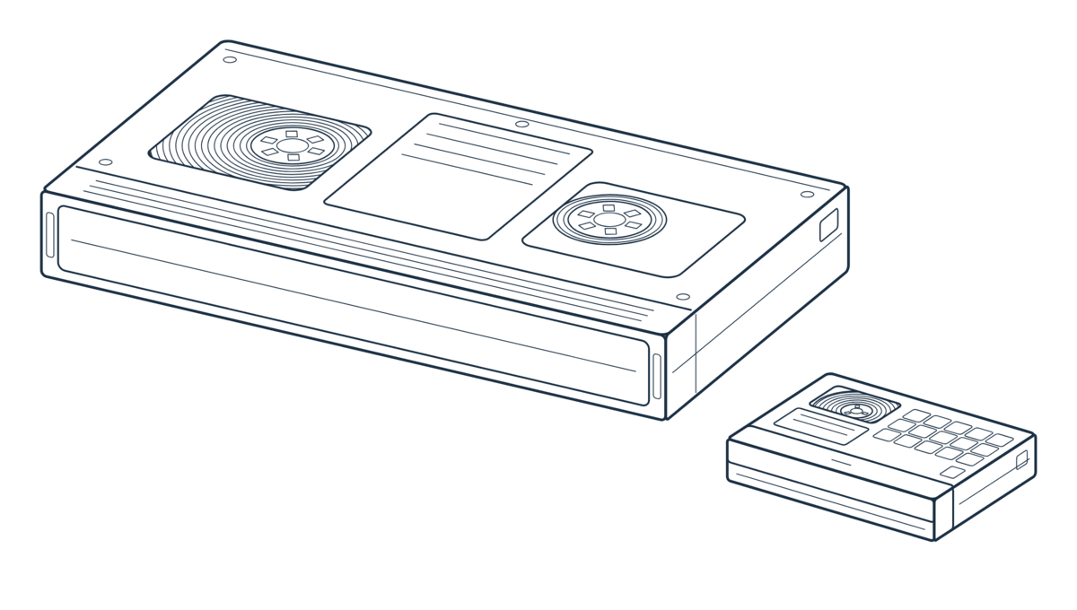 VHS and MiniDV cassettes at true relative scale, line illustration
