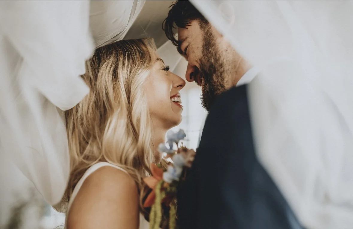 Bride and groom standing under bride's veil