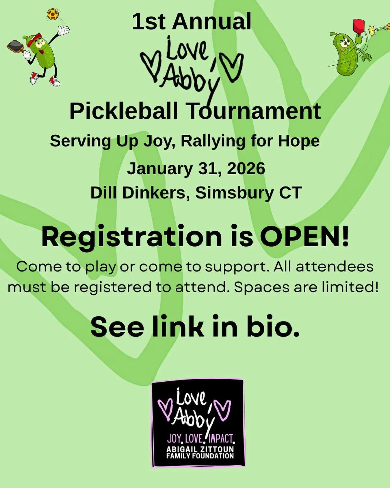Registration is OPEN for our first major fundraiser!
Come out to celebrate Abby and play (or watch) some pickleball. We will have food, fun and INCREDIBLE silent auction items that you will not want to miss! 
See link in bio to register. Spaces are l