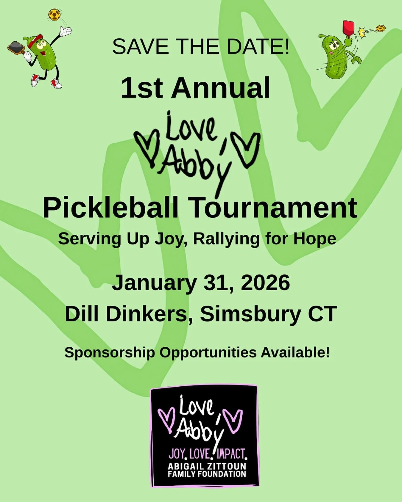 Grab a partner and save the date for our first annual pickleball tournament! We are thrilled to get together, celebrate Abby and have a blast. Spaces are limited. More details and registration information coming soon 💜💜