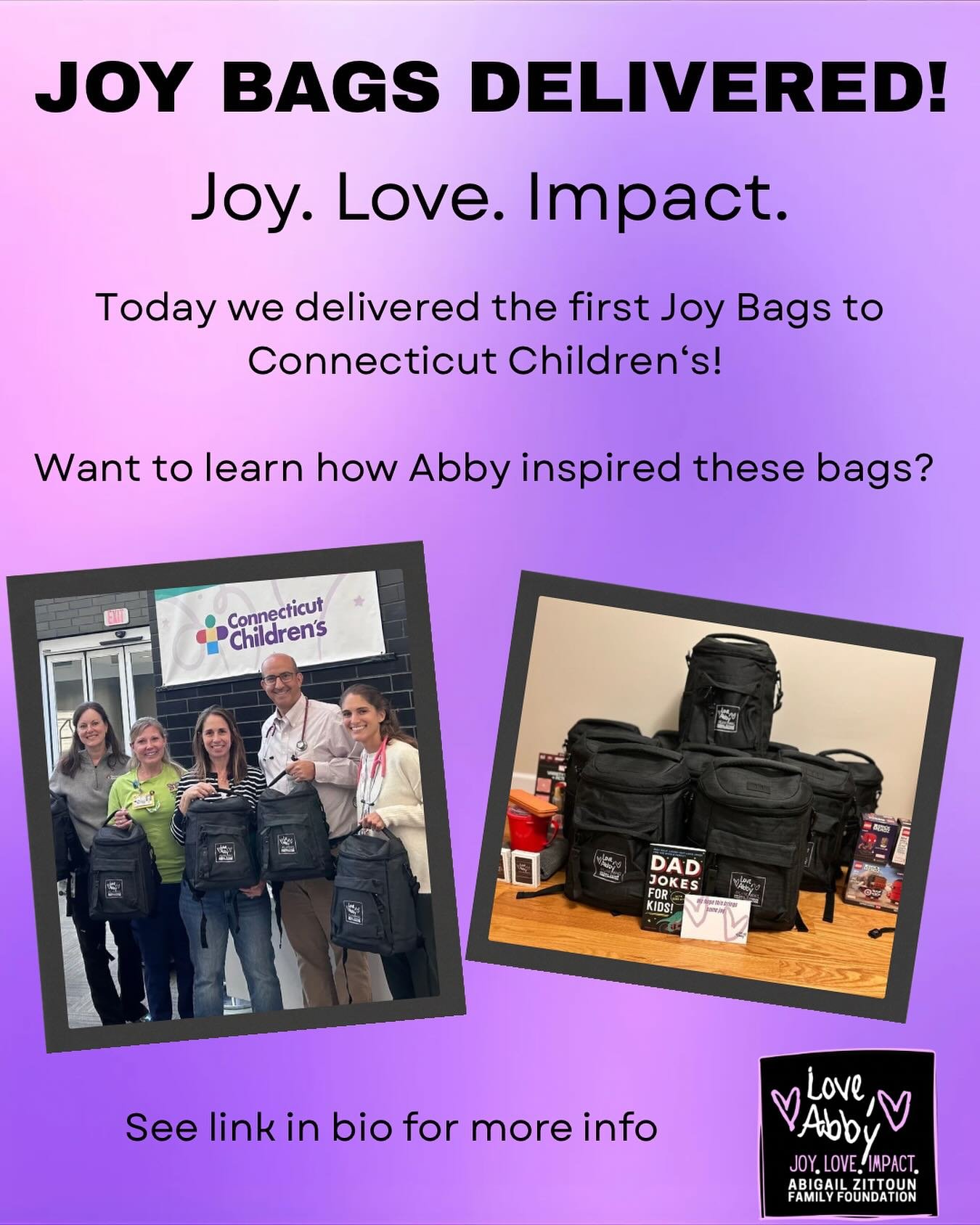 Today we spread some Abby joy at Connecticut Children&rsquo;s! We are thrilled to announce the delivery of Joy Bags - cooler backpacks filled with hospital-living essentials - to oncology patients. With your continued support, we will build more bags