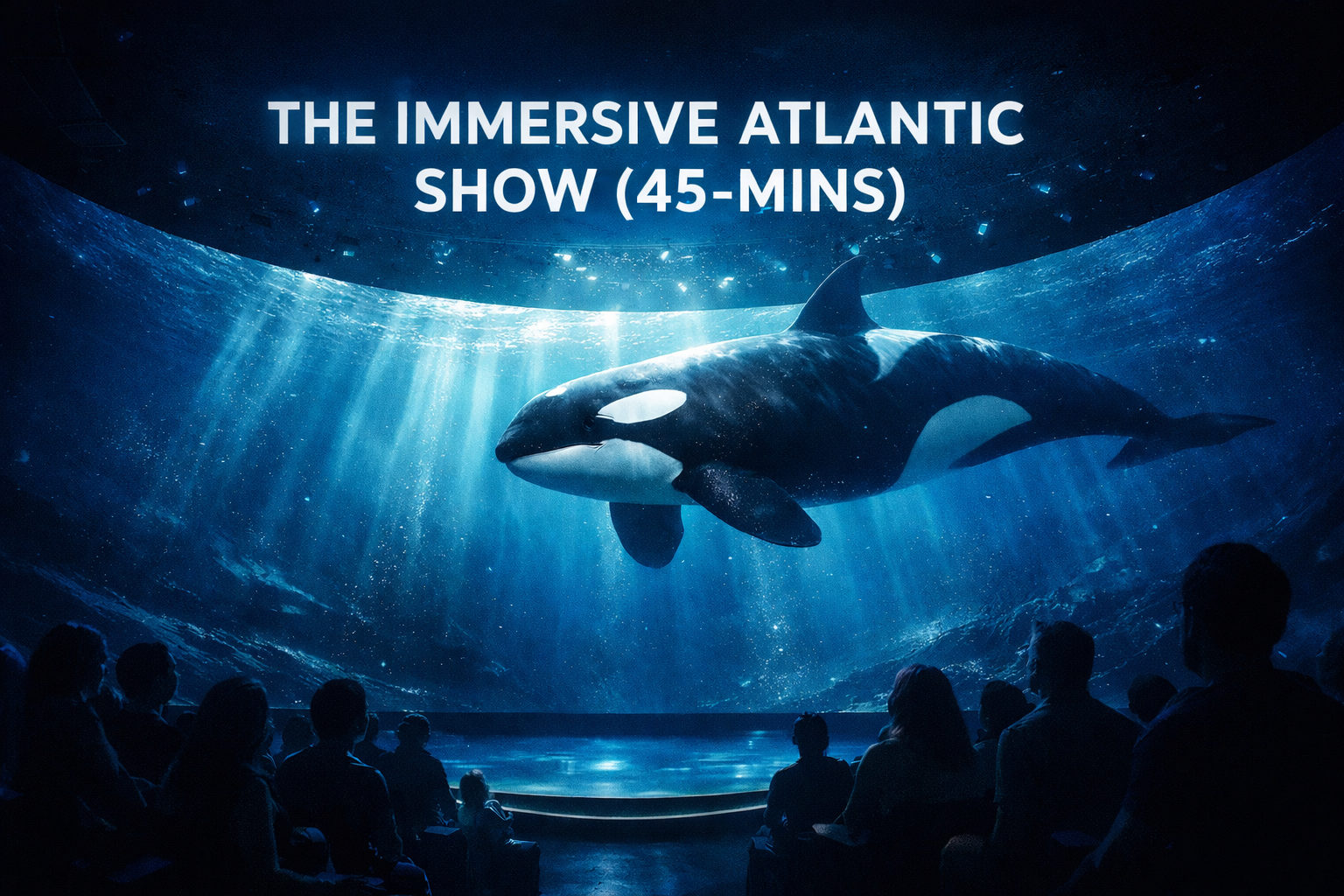 alt="Immersive 360 degree cinema screen in Dingle showing a massive humpback whale swimming underwater in a blue glowing room."