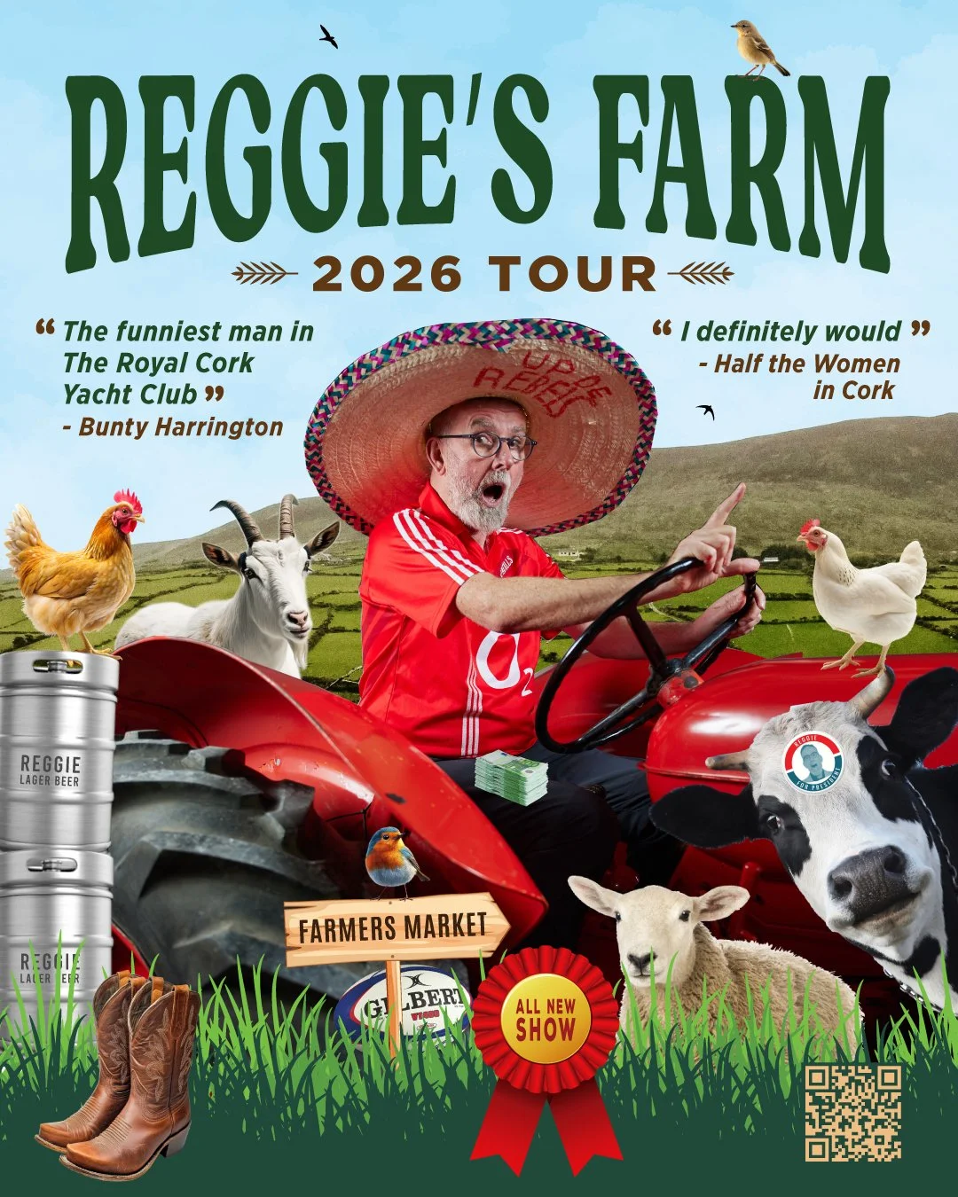 Reggie’s Farm comedy show poster featuring Pat Fitzpatrick as Reggie driving a tractor surrounded by farm animals