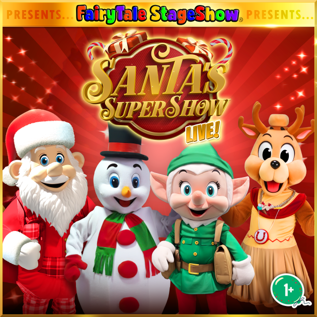 Santa’s SuperShow at Wave Dingle featuring Santa Claus, Rudolph the Red-Nosed Reindeer, Frosty the Snowman, and a cheerful elf surrounded by snowflakes and Christmas lights. Bright red and gold colors highlight the family Christmas musical