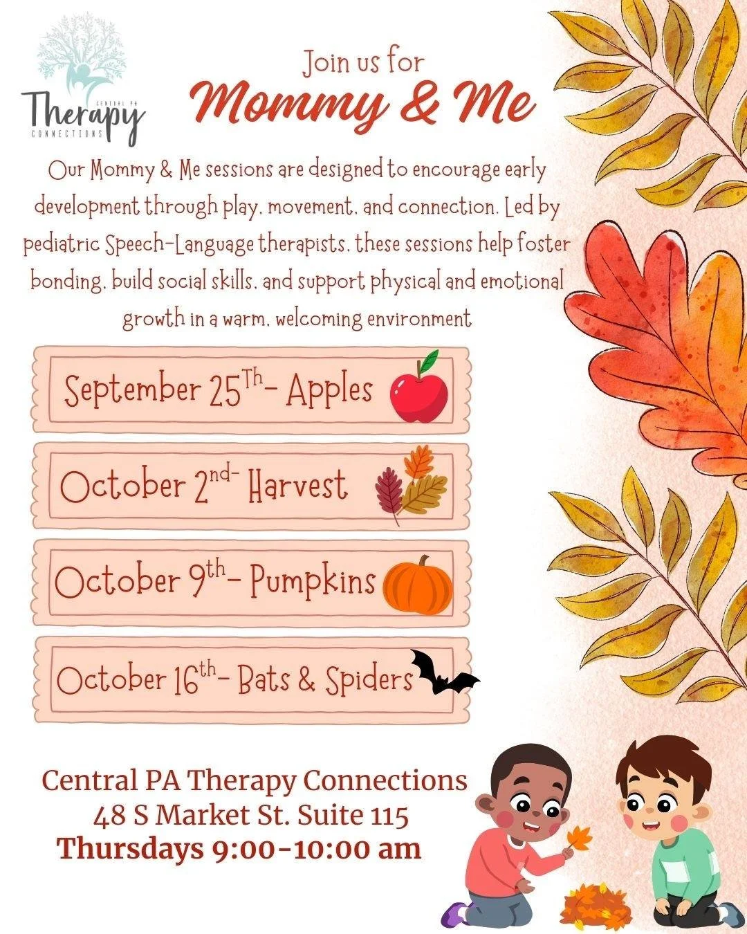 ✨ REMINDER ✨
Our Mommy &amp; Me sessions start this Thursday, September 25th at 9:00 am with our first theme: 🍎 Apples!

📍 Central PA Therapy Connections &ndash; 48 S Market St, Suite 115
👶 Ages 1&ndash;3
💲 $15 per session

Led by pediatric Speec