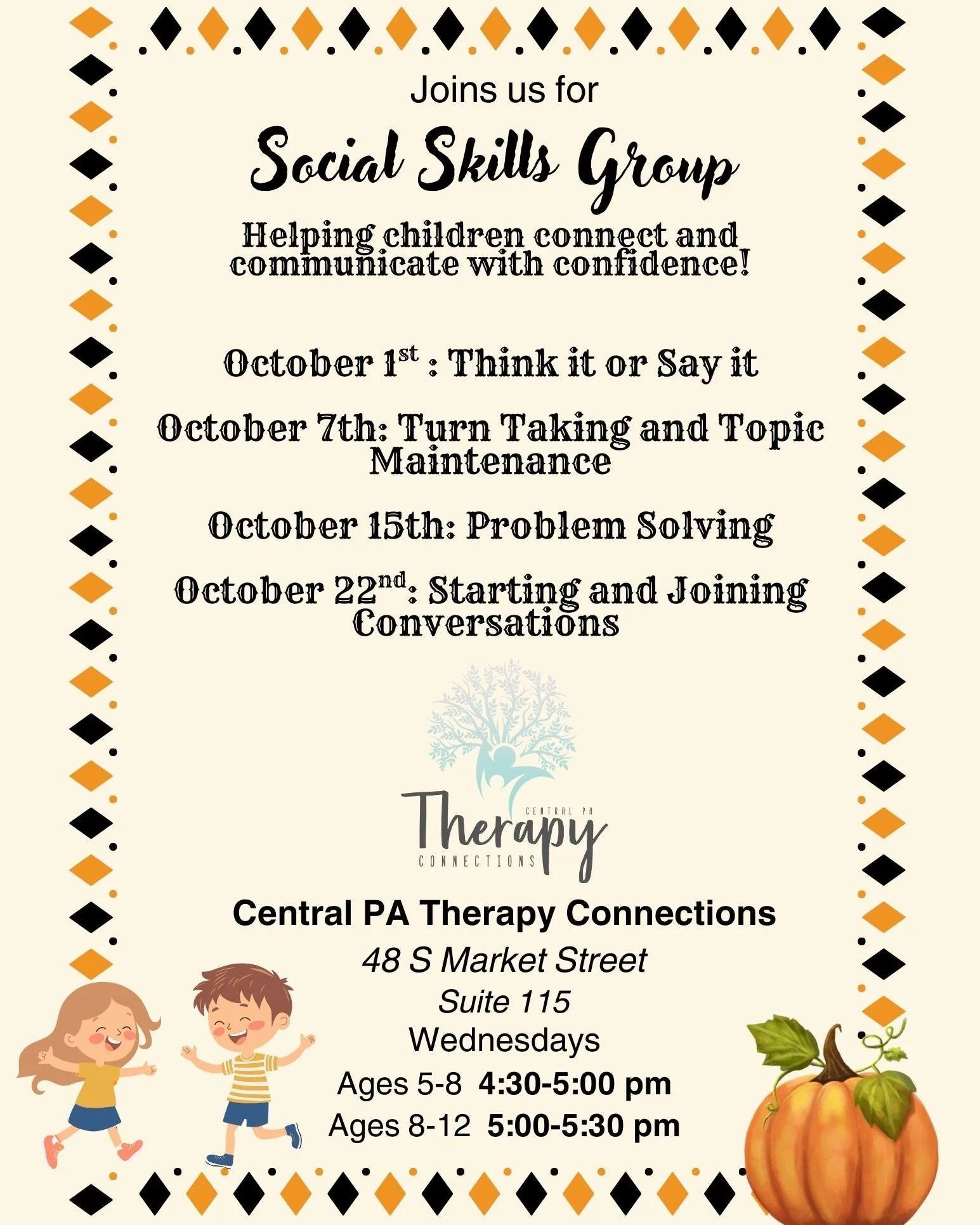 ⏰ Reminder! Our Social Skills Group starts this Wednesday, October 1st at Central PA Therapy Connections! 🎉

💡 First topic: Think it or Say it &mdash; helping kids learn when and how to share their thoughts with confidence.

📍 48 S Market Street, 