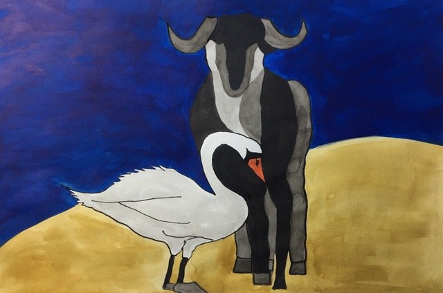 A black bull, 
and a white bird, 
Standing together on the shore