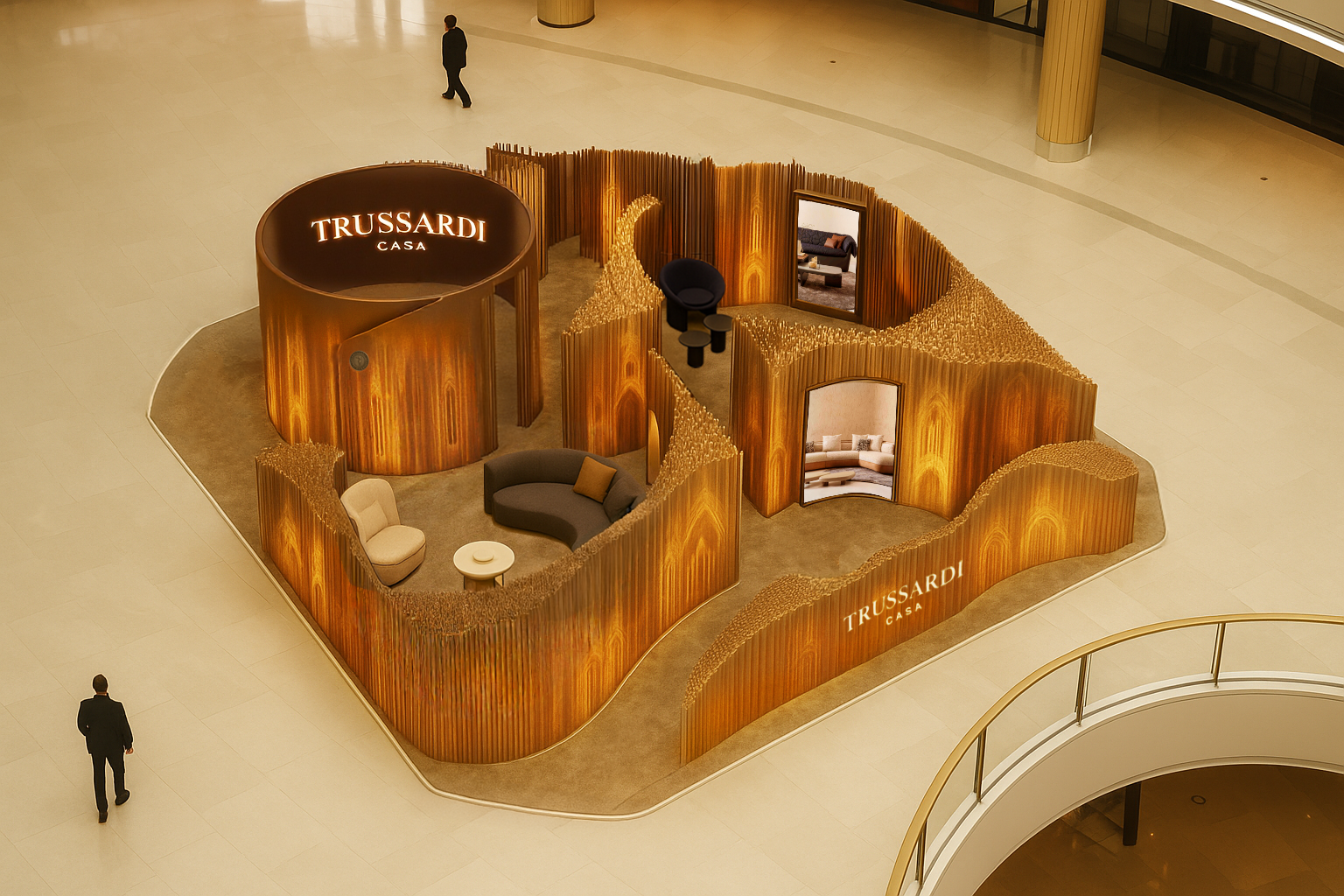 A Trussardi Casa furniture display in a shopping mall with lounge chairs, sofas, and mirrors enclosed by wooden panels.