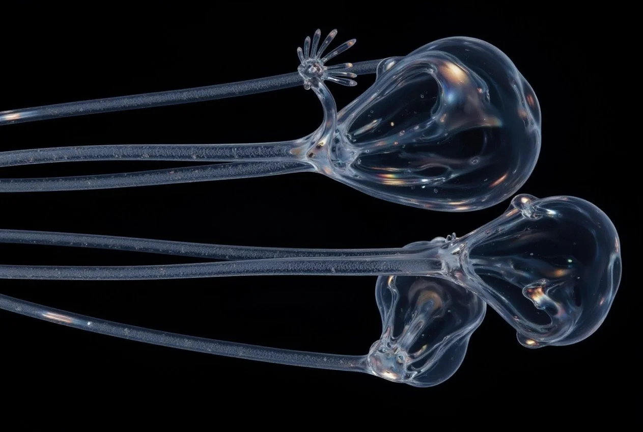 Close-up of two transparent jellyfish against a black background.