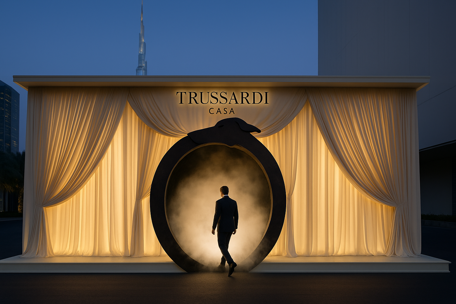 A man in a suit walking through a circular opening with mist or fog, set against a backdrop of white curtains and a sign that reads 'TRUSSARDI CASA', at an outdoor event during dusk or evening.