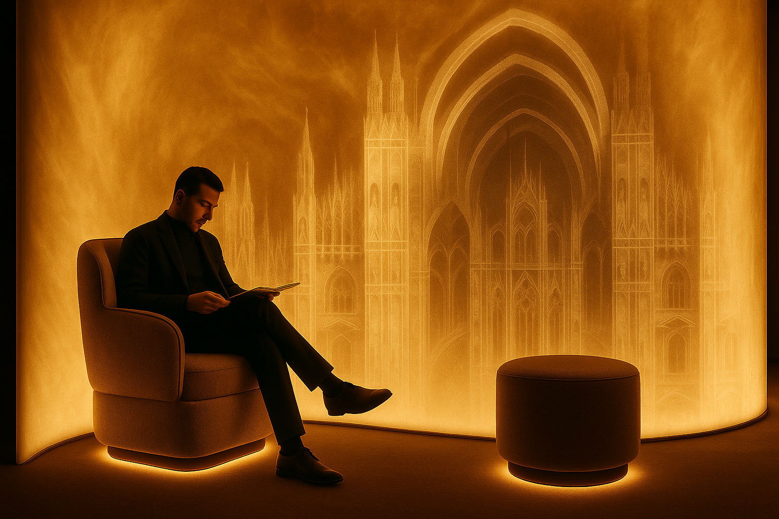A man in a black suit sitting on a beige armchair, reading a book, in front of a large, warm yellow-lit curved wall with illuminated gothic-style cathedral windows and arches.