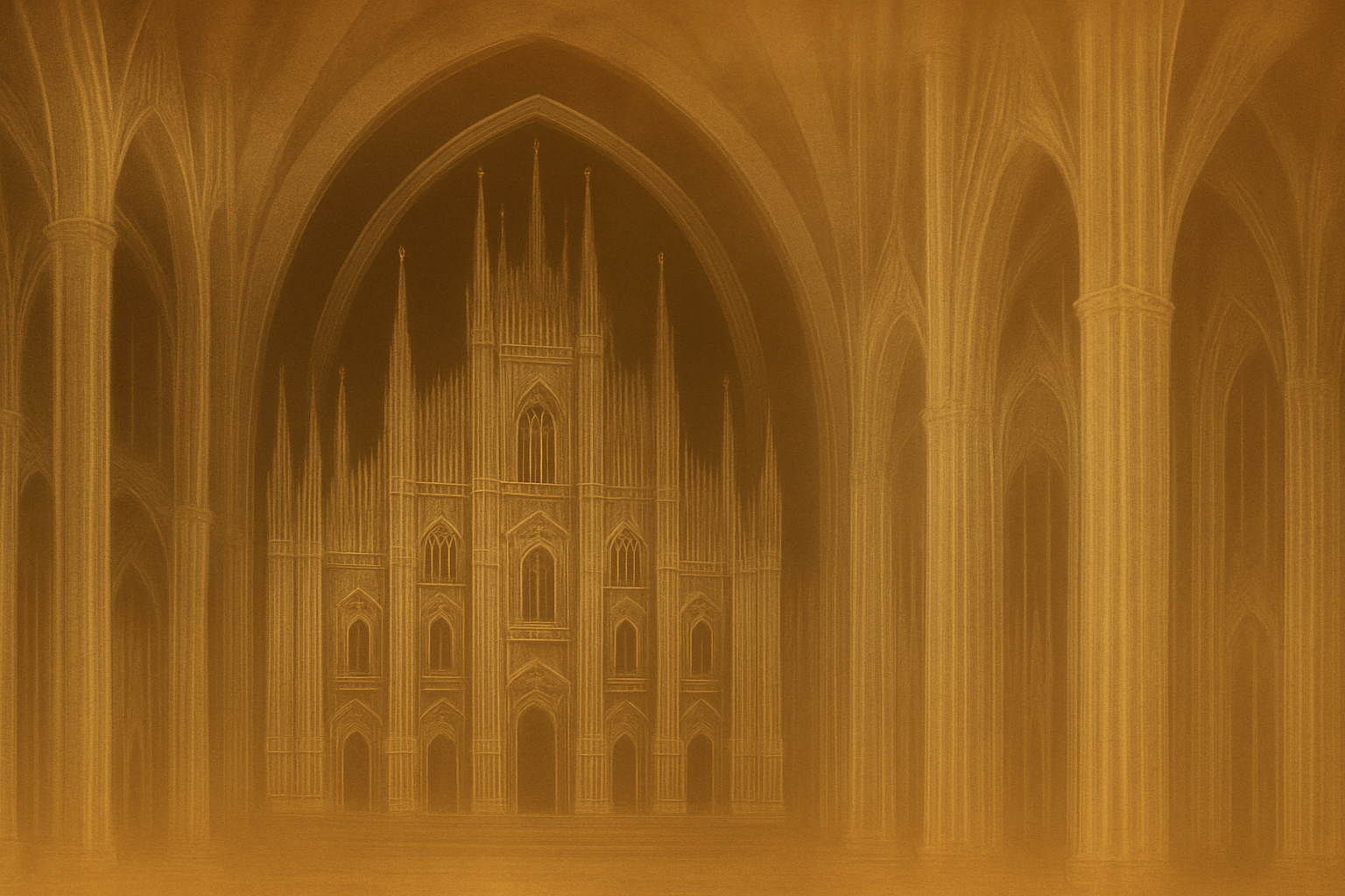 A digital artwork of a Gothic cathedral with tall pointed arches, intricate ribbed vaults, and a large, ornate organ at the center, all rendered in a sepia tone.