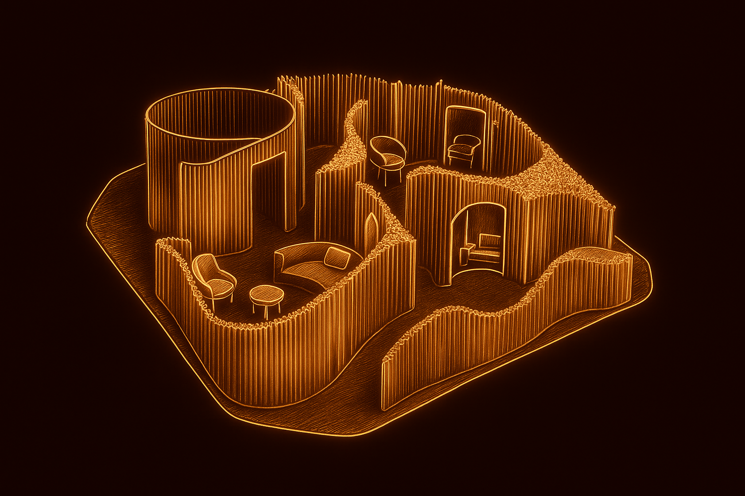 A digital rendering of a house floor plan with interior rooms, walls, and furniture outlined in glowing orange lines on a black background.