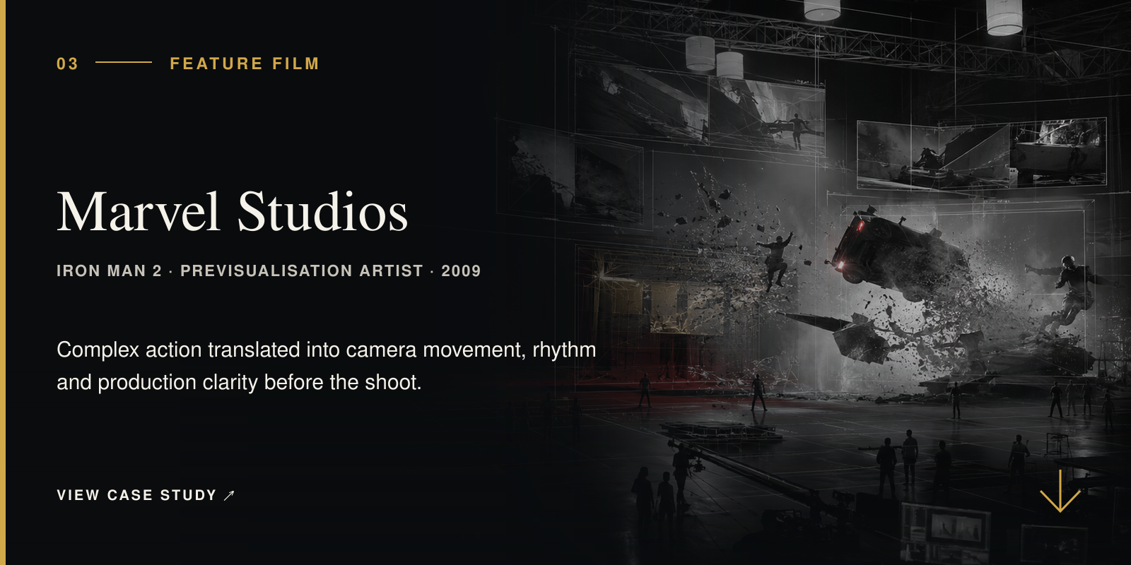 A feature-film previsualisation stage representing Michelle Tasic’s action previs work for Marvel Studios.