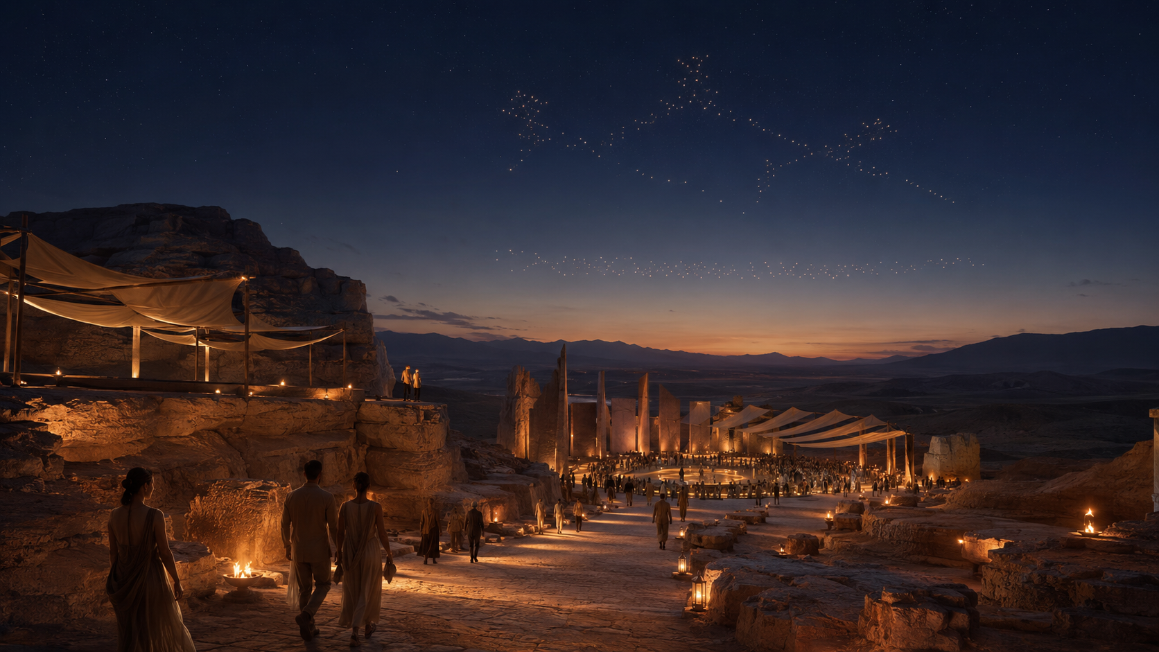 A cinematic desert arrival path leading guests toward a warm-lit ceremonial gathering beneath a restrained drone constellation.