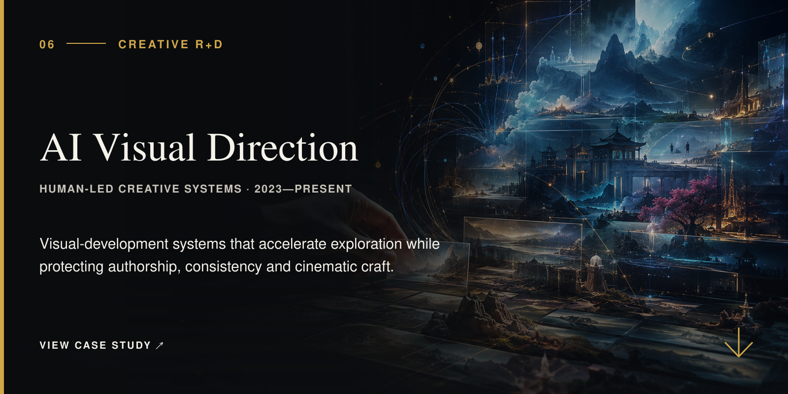 A human hand directing luminous storyworld frames, representing Michelle Tasic’s human-led AI visual direction.