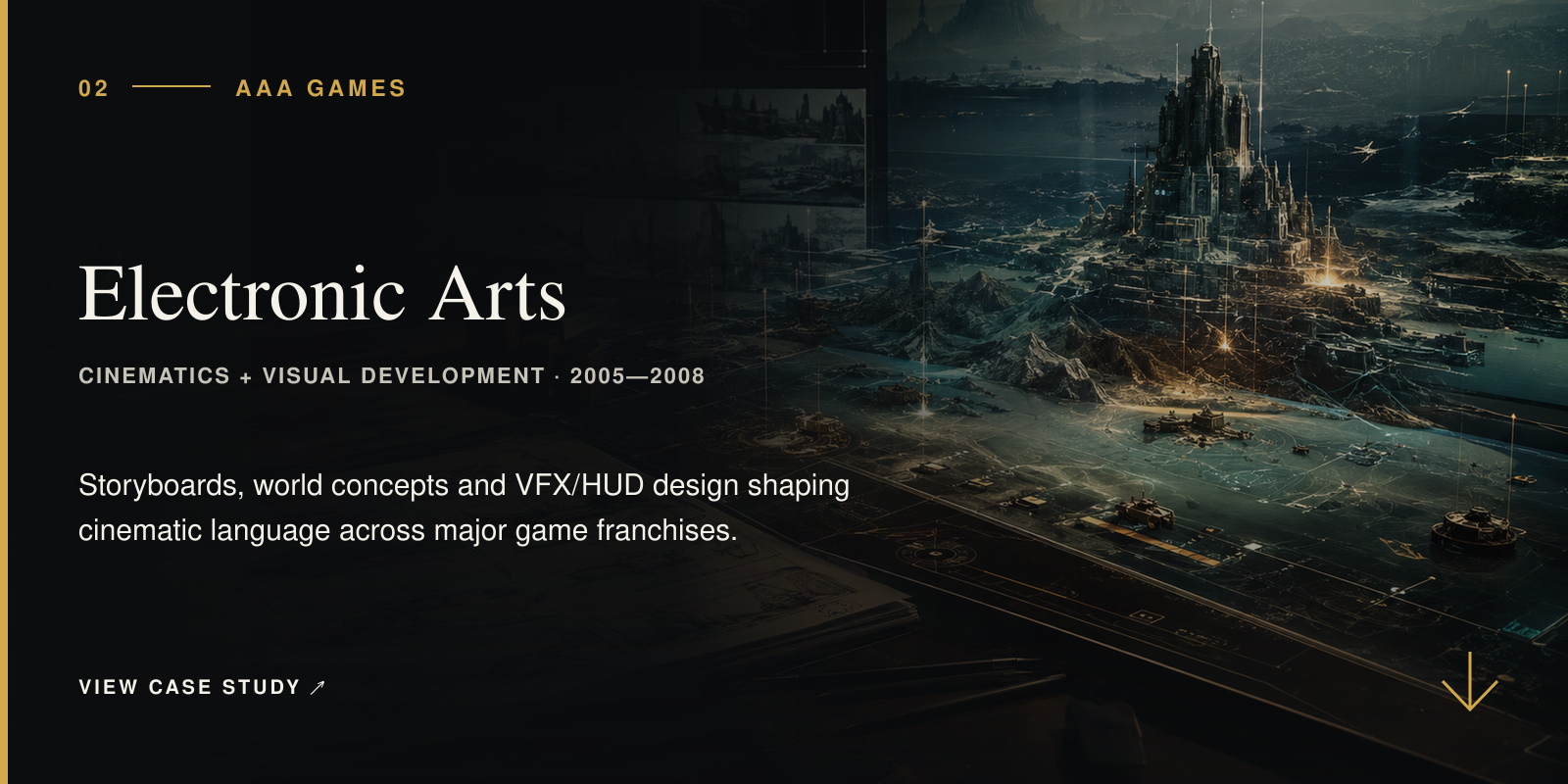 Storyboards and a cinematic game world representing Michelle Tasic’s visual development work for Electronic Arts.