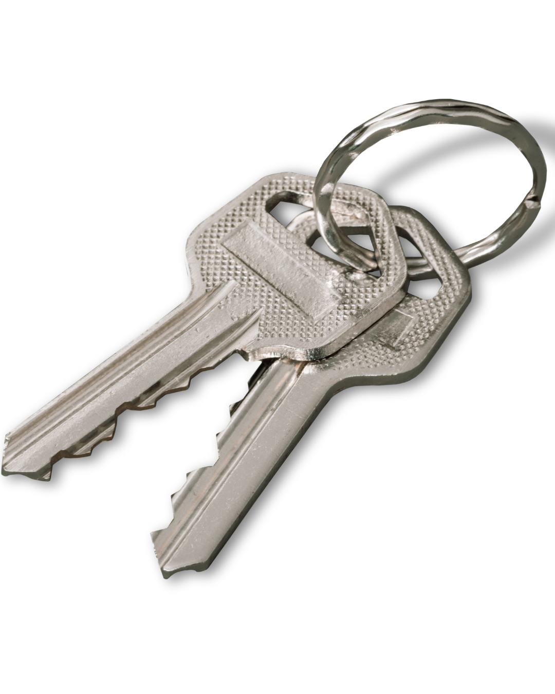 Two silver keys on a keyring against a white background.