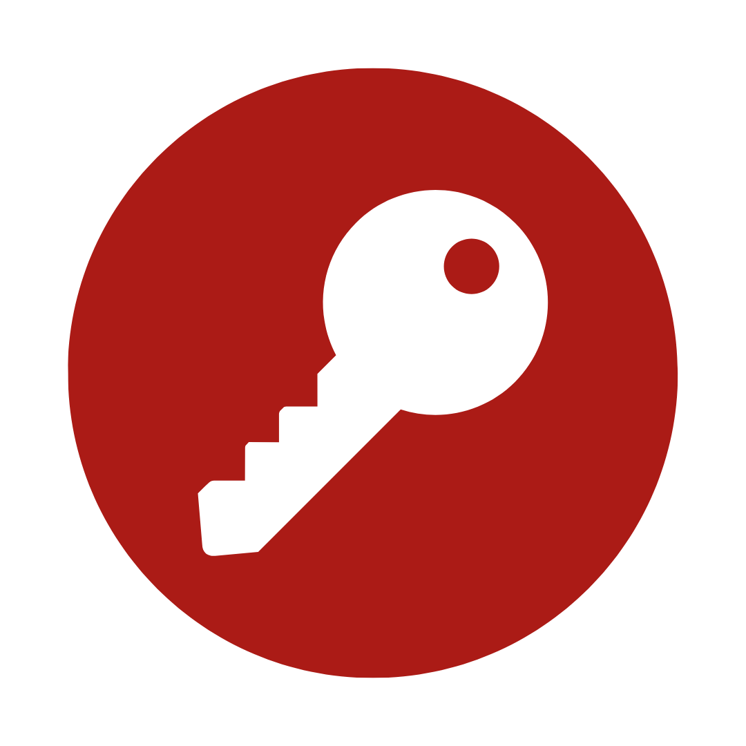 Icon of a white key inside a red circle background.