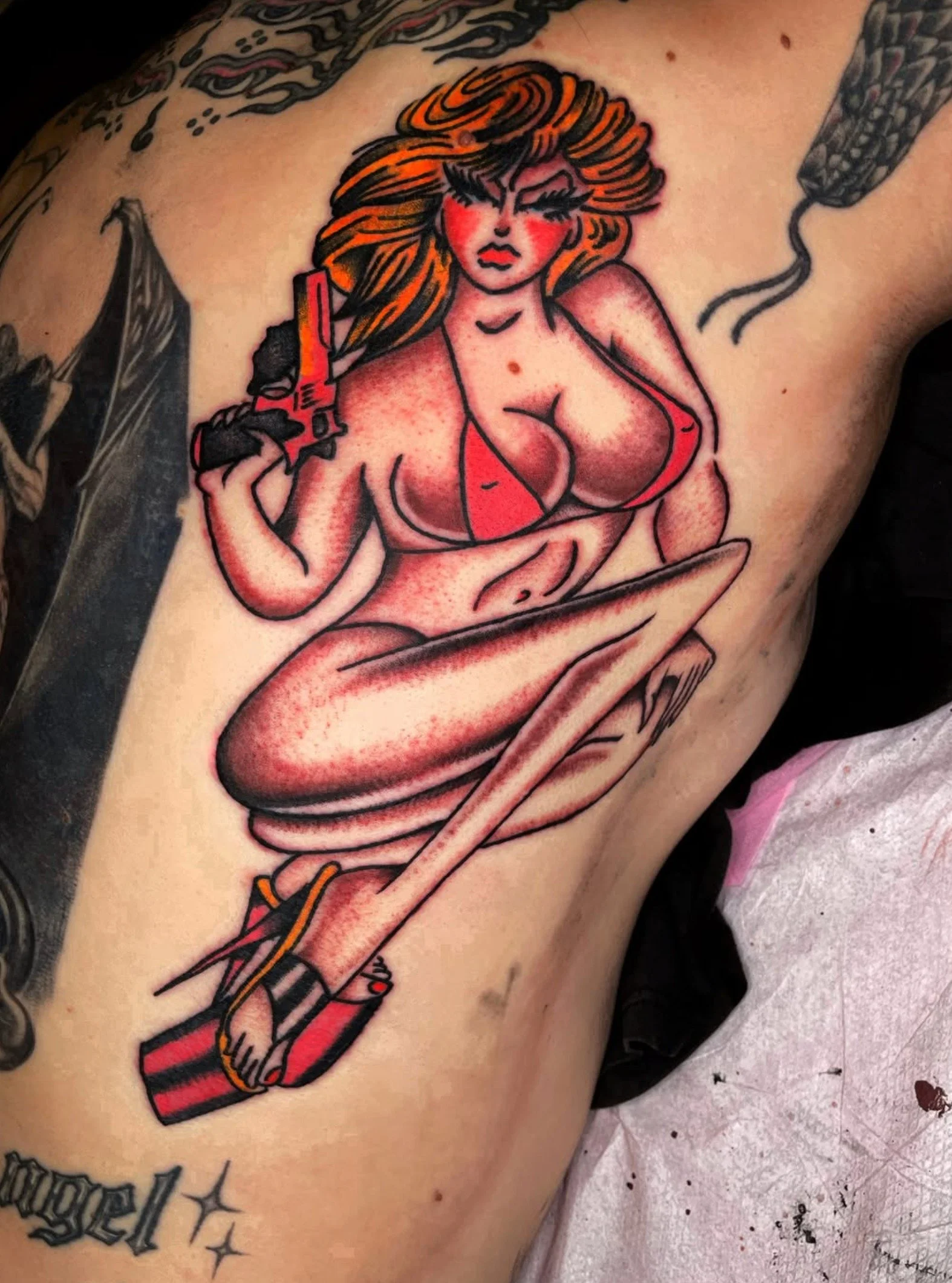 Pam Anderson pin-up 
By @tim.sosler 
.
.
.
.
.
.
#eastrivertattoo #pinuptattoo #tradtattoo #traditionaltattoo #greenpoint #nyctattoo #brooklyntattoo