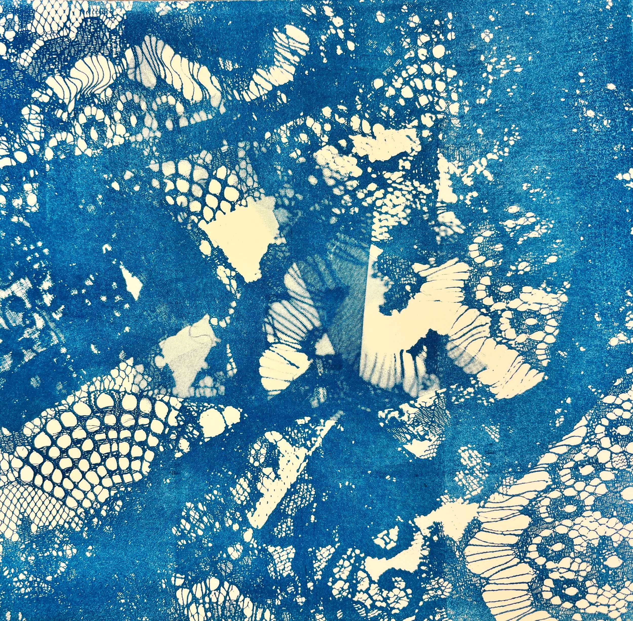 "Feminine Energy" Marley Kidd, 2025, Photo Lithography on paper, 6x6".
"Feminine Energy" is multiple lace pieces on top of each other emulsified onto a photo plate. Marley was experimenting one day and thought it gave off feminine energy and fell in